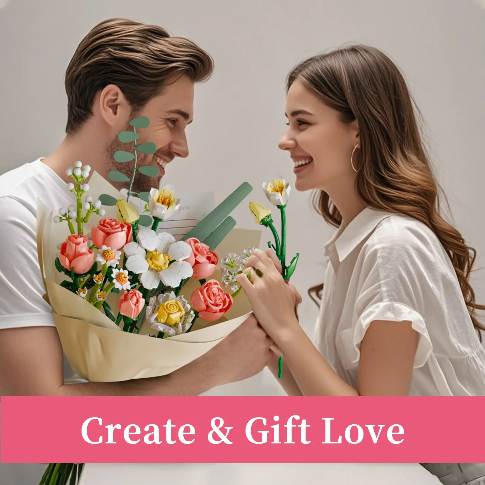 Flower Bouquet Building Blocks Set - 864-Piece DIY Ornaments Kit with Rosa Chinensis, Starry Sky Plants, Decorative Flowers, Wrapping Paper for Wedding Home Decor, Graduation Gift