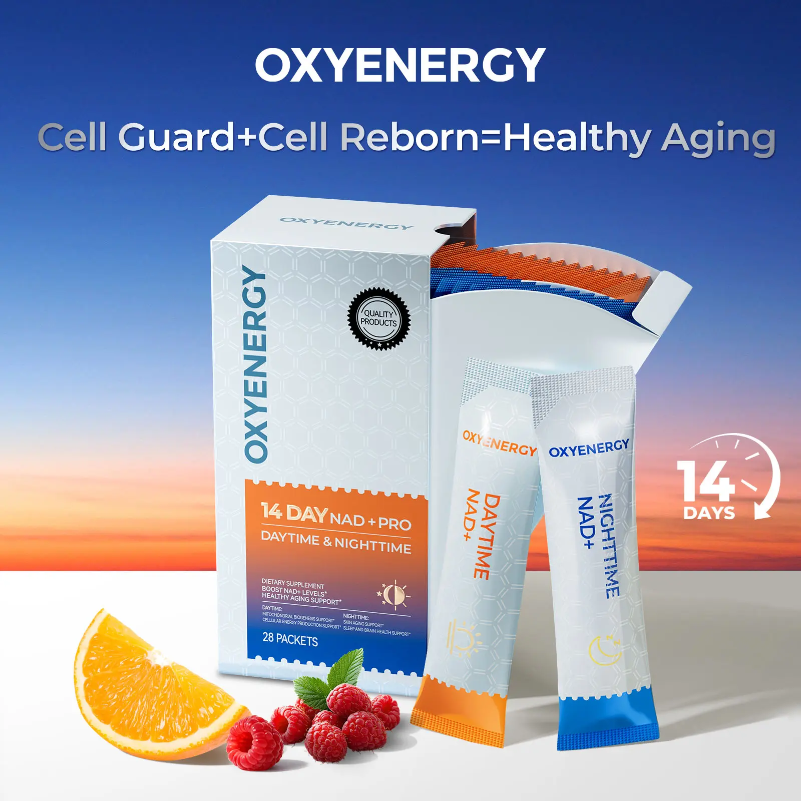 OXYENERGY  14-Day NAD+ PRO 24/7 Anti-Aging –  Day & Night Cellular Activation Powder | NR + PQQ | L-Ergothioneine+Spermidine | Beet Root | Boost Energy, Sleep, Skin, Brain & Longevity，Teasty Natural Orange and Berry Flavor,28 Packets