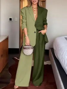 Elegant Two-Piece Set, Loose Long Sleeve Lapel Design, Patchwork Color-Block Stitching, Open-Front Suit Jacket & Straight-Leg Pants with Pockets