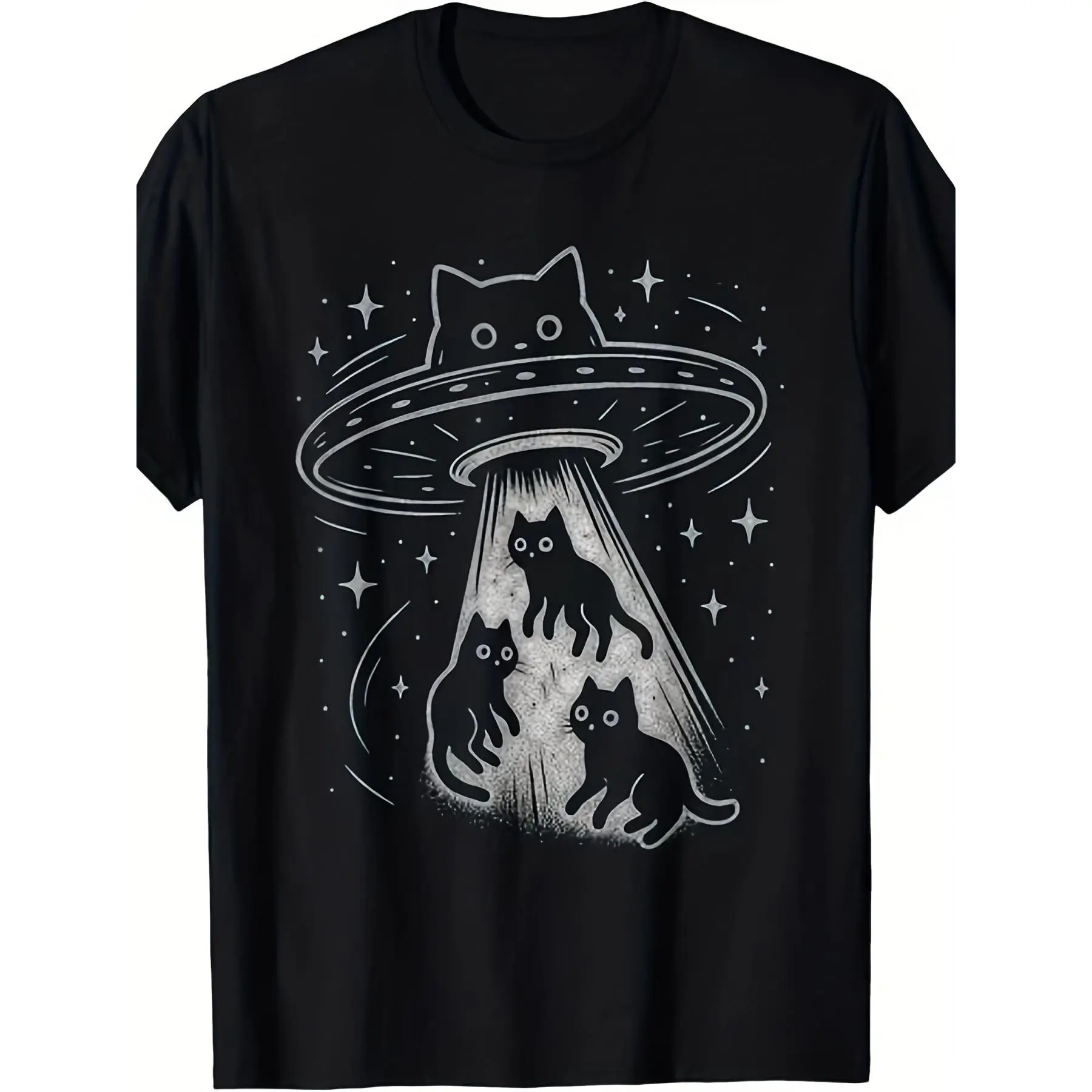 Men's Classic T-Shirt with Funny Cat UFO Graphic, Soft Short Sleeve Crew Neck, Casual Alien Aesthetic Print Menswear