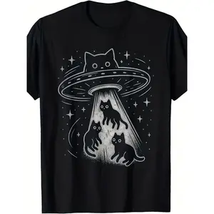 Funny Cat UFO Cute Kitty Space Spaceship Alien Aesthetic T-Shirt | Men'S Casual Short Sleeve, Comfortable Fit, Playful Print, Crew Neck, All-Season Wear