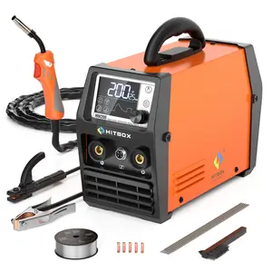 HITBOX HIM200 4 In 1 Multi-Process MIG Welder, dual voltage 110V 220V Portable Handheld ARC Welder Machine 200A MIG Welder Flux Core Welder/Stick/Lift Tig/spoon gun(extra buy) Gasless Mig Welding Machine with Synergy Dual Voltage IGBT Inverter Welder