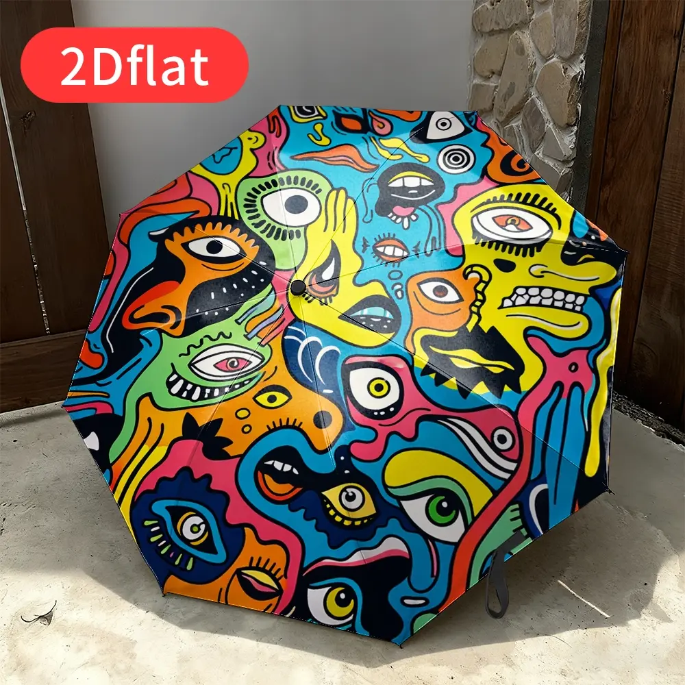 Foldable Umbrella   This compact umbrella features a vibrant abstract face with striking eyes, drawing primary inspiration from the designs of Picasso, Dalí, and Matisse. Perfect for travel, backpacking, festival gifts,