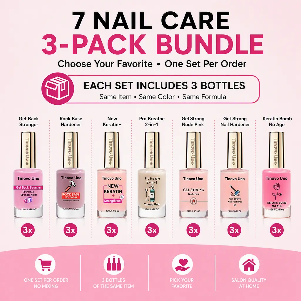 TINOVO UNO Nail Care 3‑Pack Bundle Set, Nail Hardener Treatment for Weak Brittle Peeling Nails, Nourishing Repair Nail Care Kit, Salon Quality Home Daily Nail Conditioning Treatment, 12ml Per Bottle