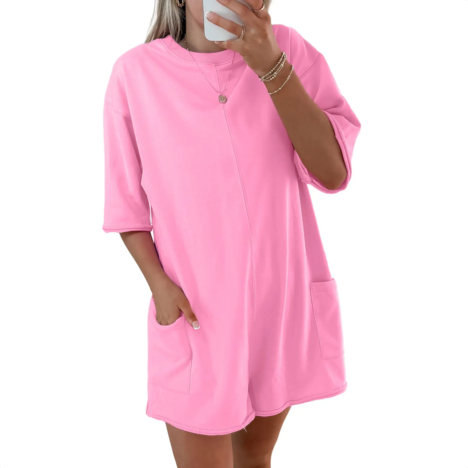 Asvivid Women Solid Color Raw Edge Half Sleeve Pocketed Loose Romper Casual Womenswear Everyday Style sohochic