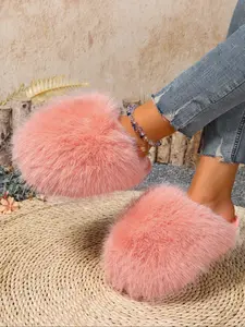 New Plush Slippers for Women, Soft Fufu Open-Toe Warm Home Wear, Indoor Slippers, Trendy Slipper, Textile Material, All Seasons, Sweet Style, Fluffy House Slippers
