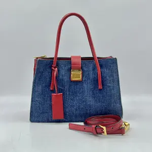 Pre-owned miu miu Denim Tote Bags Navy Blue/Red Leather Shoulder Bag