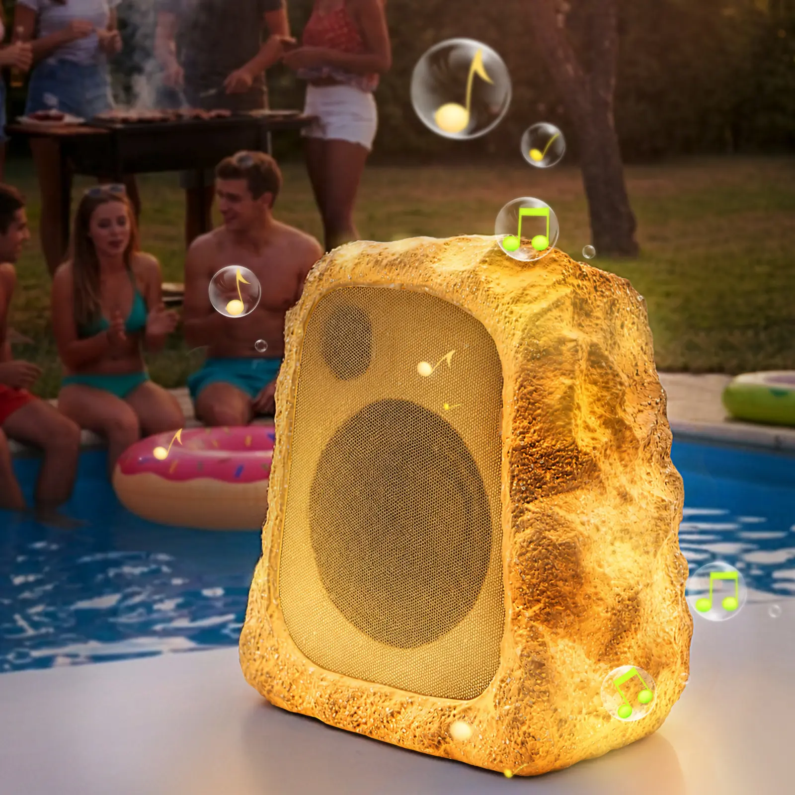 Summerwins BlitzRock Sandstone Aesthetic Outdoor Rechargeable Waterproof Bluetooth Speaker - 30W(60W Paired) Hi-Fi Audio, 7-Color LED Lights, Remote Control, 100-Pc Multi-Sync, Easy Install for Patio, Parties