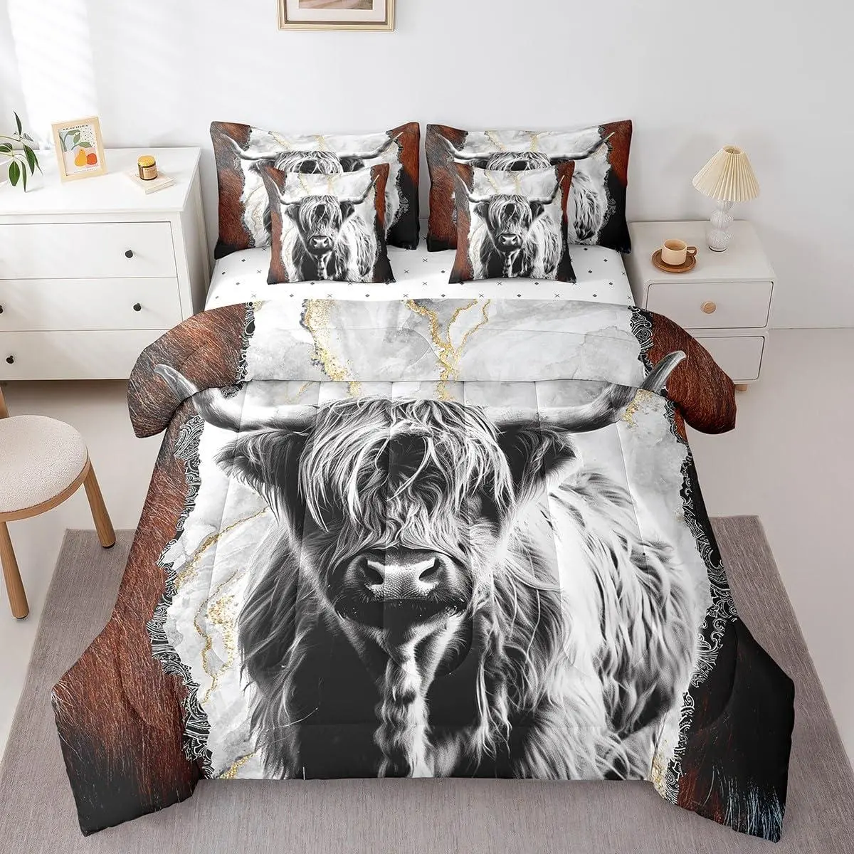 Feelyou 7-Piece Highland Cow Decorative Bed Comforter Set, Vintage Marble Bedding with Flat Sheet, Fitted Sheet and Pillowcases, Rustic Western Style for Adults, Decorative Bedding Set, Bed Comforter Sets