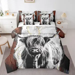 7 Pcs Highland Cow Comforter Bed Set,Vintage Marble Bed Bag with Flat Fitted Sheet Kids and Adults,Rustic Western Cow Bedding Set with Pillowcases  Bed Set