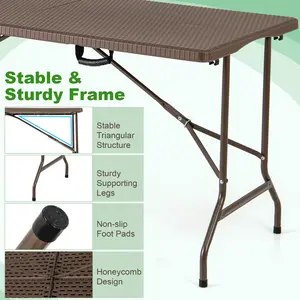 COSTWAY - 5FT Folding Picnic Table with Rattan Grain HDPE Tabletop and Sturdy Metal Fame-Coffee