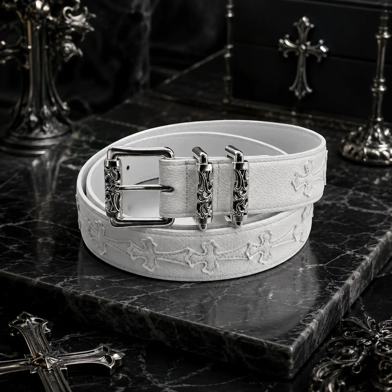 Unisex Gothic Cross Embossed Belt, Ornate Silver-Tone Buckle, Textured Streetwear Waist Belt, 110cm Punk Fashion Accessory for Jeans and Casual Outfits