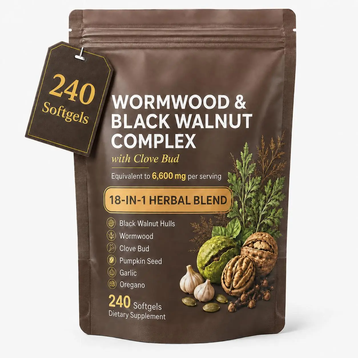 18-in-1 Herbal Gut Support Formula – Wormwood Black Walnut Cloves Complex 240 Softgels with Berberine, Garlic & Turmeric