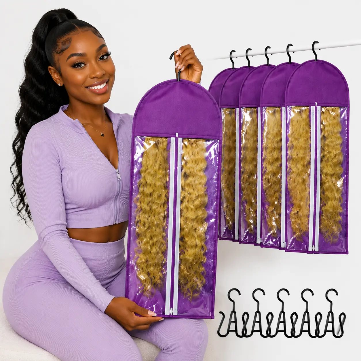 6 Pack Wig Storage Bags with Hangers, Clear Window Wig Organizer for Closet, Dustproof Wig Holder Bag, Travel Wig Storage Case for Human Hair Wigs