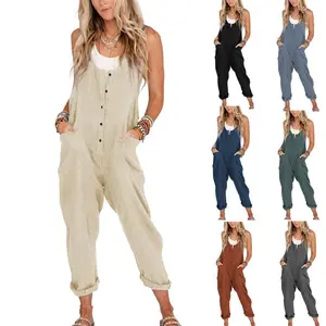 JovenPara Womens Overalls Summer Jumpsuits Casual Sleeveless Cotton Jumpsuit with Pockets Basic Fitted Rompers Womenswear Minimalist Bump Friendly Maternity Jumper