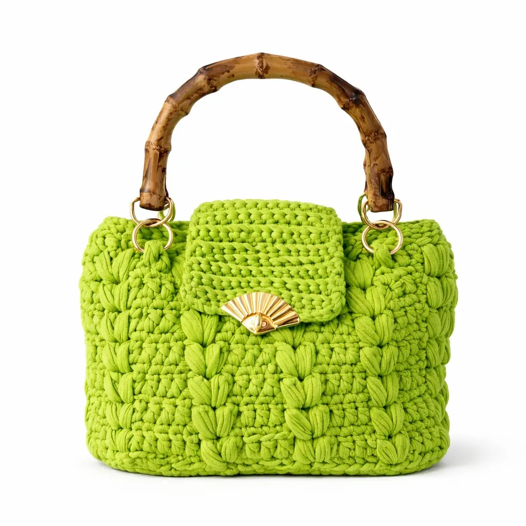 Women's Casual Handmade Craft Artisan Look Bamboo Green Boston Bag - Medium Practical Size, Unique Bamboo Handle, Flap, 1-of-a-Kind, Everyday Use, Ready to Ship
