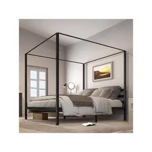 King Size Metal Four Poster Canopy Bed Frame - Sturdy Platform With Built-In Headboard, Black