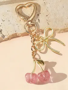 Cherry & Bow Bag Charm 3d Glitter Cherry Wear-Resistant Material Design Openwork Heart Metal Buckl French-Style Elegance,Sweet & Cute For Bags, Keys, And Earphone Cases Gifts For Friends / Birthday Gifts