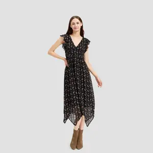 Women's Flutter Cap Sleeve Midi A-Line Dress - Universal Thread Black Floral XL