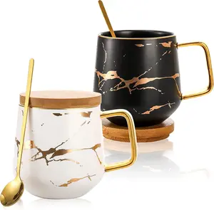 W&S Classics Ceramic Kintsugi Style Coffee Tea Mug with Gold Inlay, Spoon and Bamboo Lid- 12 OZ, Set of 2- Large Mugs, Unique Design, Perfect Novelty Gift- Dishwasher Safe Drinkware Cup
