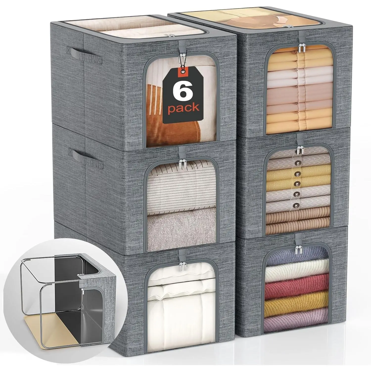 Metal Frame Clothing Storage Box: 6 Stackable Wardrobe Storage Boxes with Lid and Transparent Window, Sweater Storage Cabinet, Bedding Clothing Storage Box, 40 Liters
