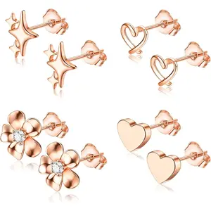 ZELORES 4-Pair Silver Stud Earrings - Hypoallergenic Minimalist Female Earrings with Flower, Star, Heart Styles for Sensitive Ears, Daily & Outdoor Wear Gift