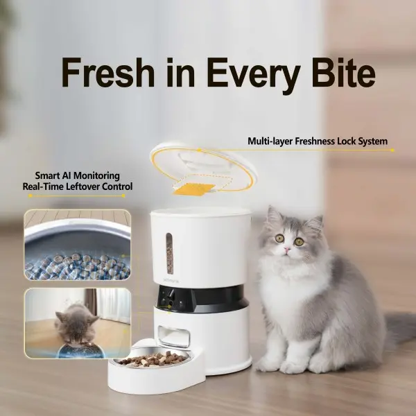 4L Automatic Pet Feeder with Dual Cameras (Check Mealtime in Low Light), App Control, 2-Way Audio, Stainless Steel Bowl, Anti-Jam Dry Food Dispenser for Cats & Small Dogs, Lidded Smart Feeding Supply
