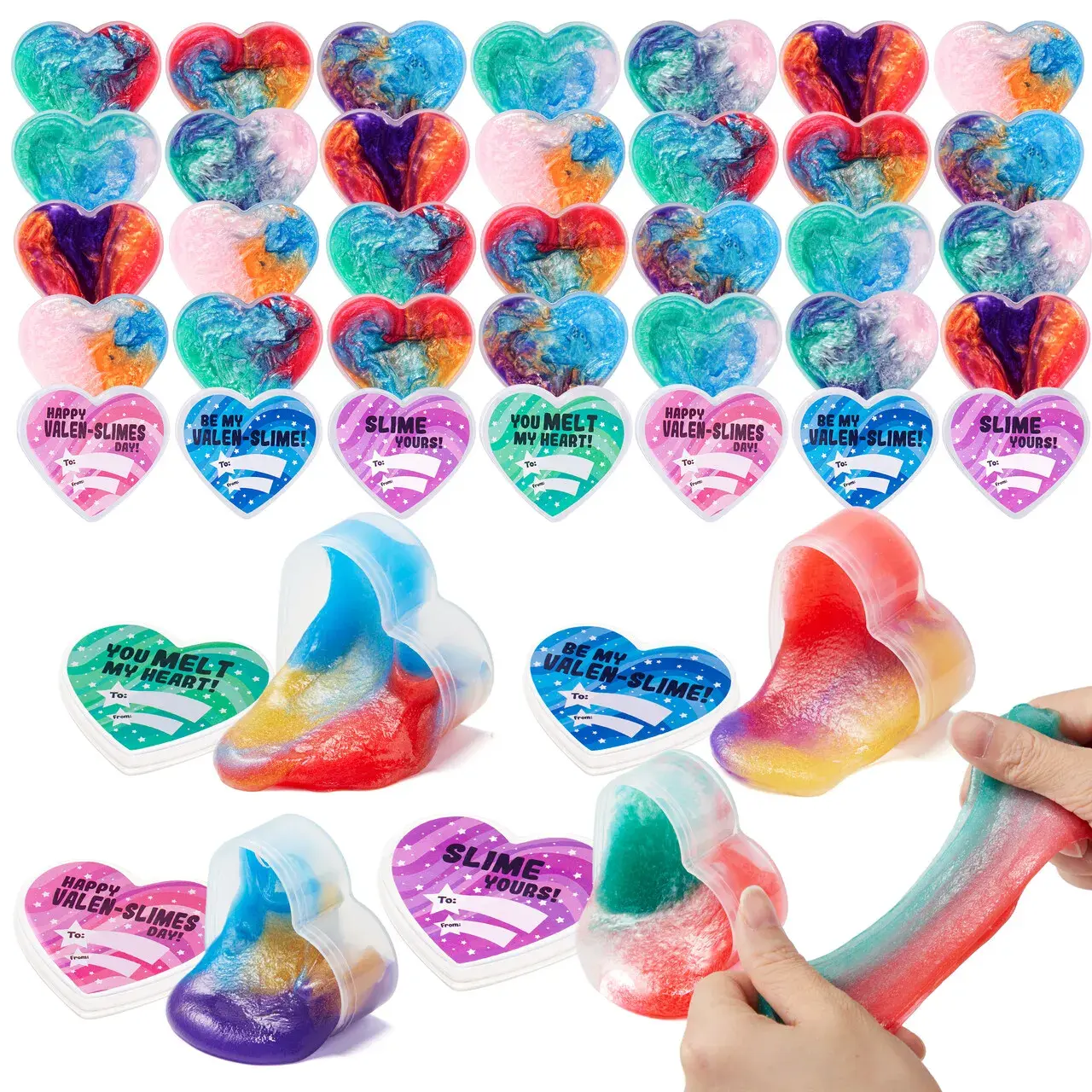 30Pcs Cosmic Realm Slime Hearts / Balls with Kids Valentines Cards for Classroom Exchange 2025 Valentine Exchange Cards &30Pcs Galaxy Slime