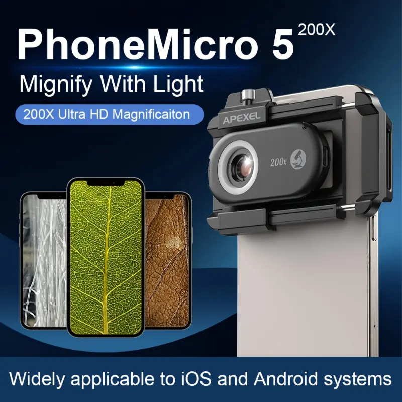 APEXEL NEW 200X High Definition Magnification Microscope Macro Lens For Mobilephone Portable Pocket Built-in CPL Filter With LED Light 12 Light Modes For IPhone Huawei Samsung Xiaomi Most Smartphones