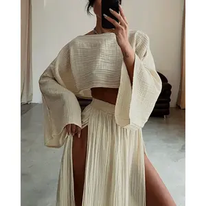 Casual vacation linen blend short high waist chic slit cotton and linen casual two-piece set