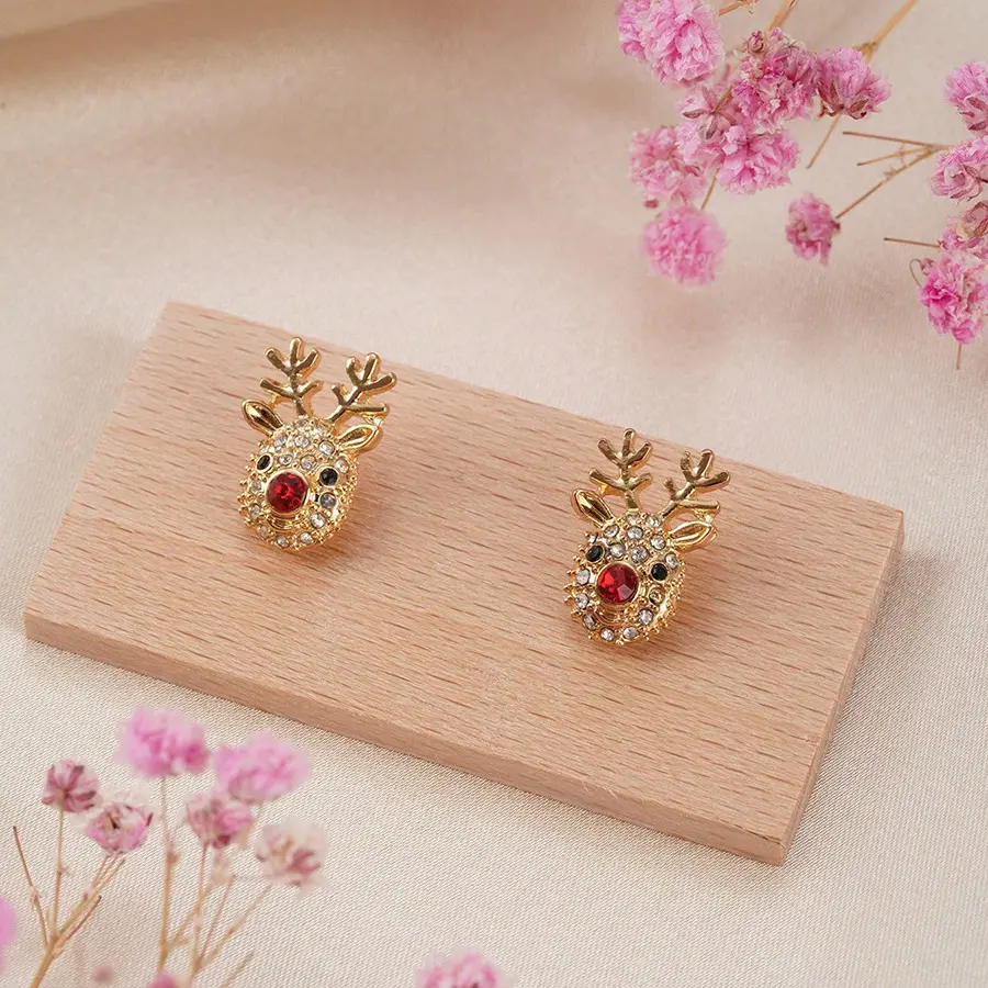 Sparkling Christmas Reindeer Stud Earrings for Women Cute Festive Animal Design Statement Jewelry Winter Holiday Xmas Party Stocking Stuffer Birthday Gift Daily Wear Fashion Accessory