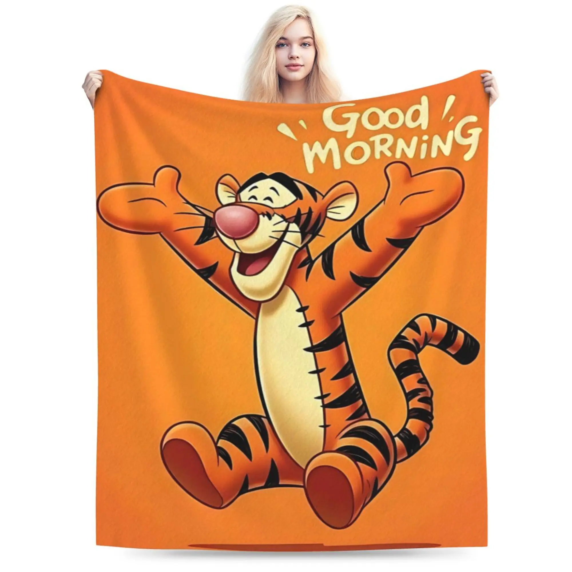 [SummerVibes] DISNEY CLASSIC Tigger Throw Blanket – "Good Morning!" Cheerful Disney Tigger  Design, Vibrant Orange Background, Soft Fleece Blanket for Kids, Bedroom or Gift