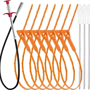 Drain cleaning kit includes a 35.5-inch drain cleaner (1 piece), a 25-inch drain auger and hair remover (7 pieces), and cleaning brushes (3 pieces). It's suitable for toilets, kitchen sinks, bathroom bathtubs, and sewers.