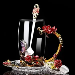 Handmade Enamel Butterfly & Flower Glass Tea Cup, Retro Rose Red Elegant Coffee Mug, Portable Vintage Drinking Cup, Ideal Kitchen Drinkware, Perfect Holiday & Daily Gift for Women, Mom & Female Friends
