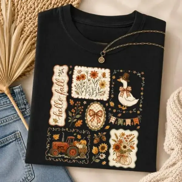 Hello Fall Goose Shirt, Cozy Autumn Goose T-Shirt, Vintage Farmhouse Fall Graphic Tee, Thanksgiving Season Shirt, Cute Fall Gift for Women Cotton Top