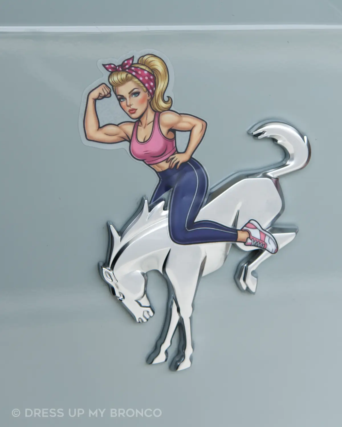 Fit Mode Babe (Blonde Pin-up) — Bronco Rear Emblem Vinyl Decal (Sports Mode Edition)