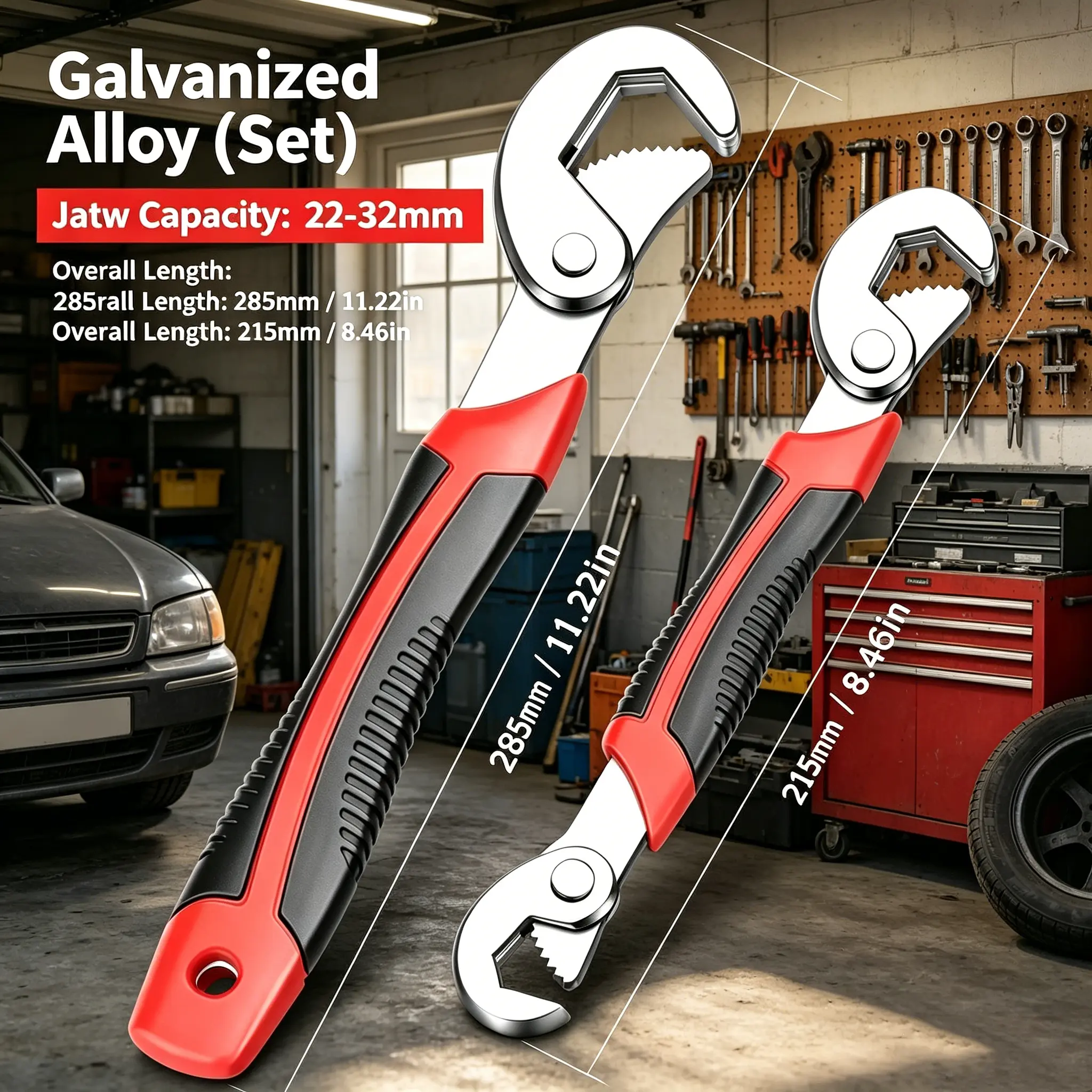 2-Pieces Heavy Duty Universal Adjustable Wrench Set - Galvanized Alloy & Steel Spanners (8.46in/22mm & 11.22in/32mm), 0.24-1.26in Jaw Range, Anti-Slip Rubber Grip Hand Tools for Auto & Home Car Maintenance
