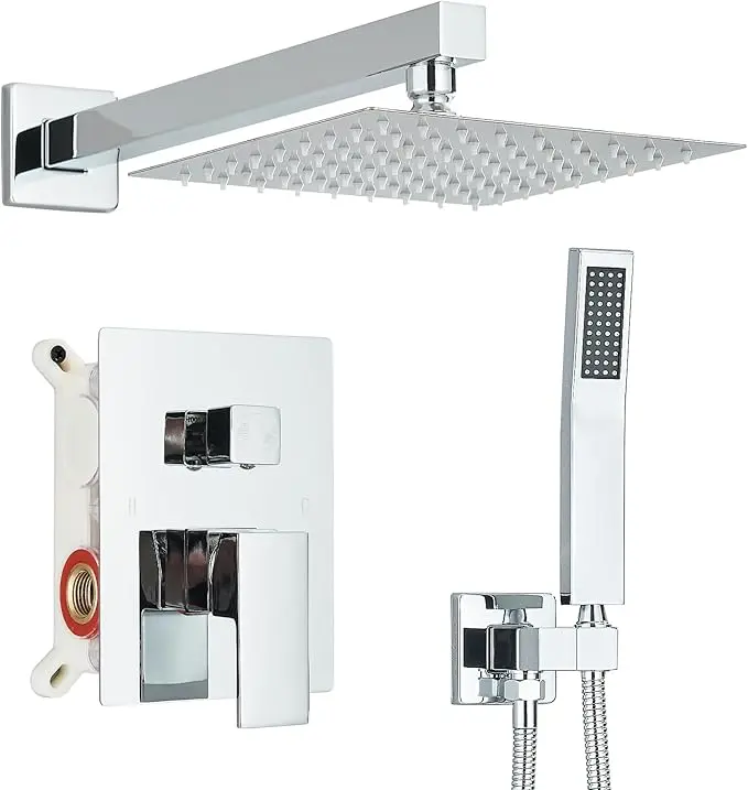 Polished Chrome Shower Faucet Set, Rain Shower System with Mixing Valve, Wall Mounted 2-Functions Bathroom Shower Systems with High Pressure Rain Shower and Handheld Spray Shower Trim Included, 8/12/16 INCH 3 sizes to Choose