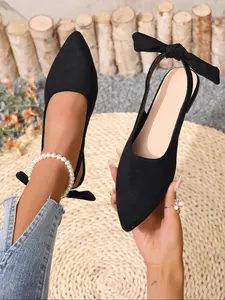 Women's Pointed Toe Velvet Ballet Flats, Cross Strap Buckle Design, Casual Comfortable Fashion, Solid Color, Daily Wear, Durable Style, Ballerina Flats