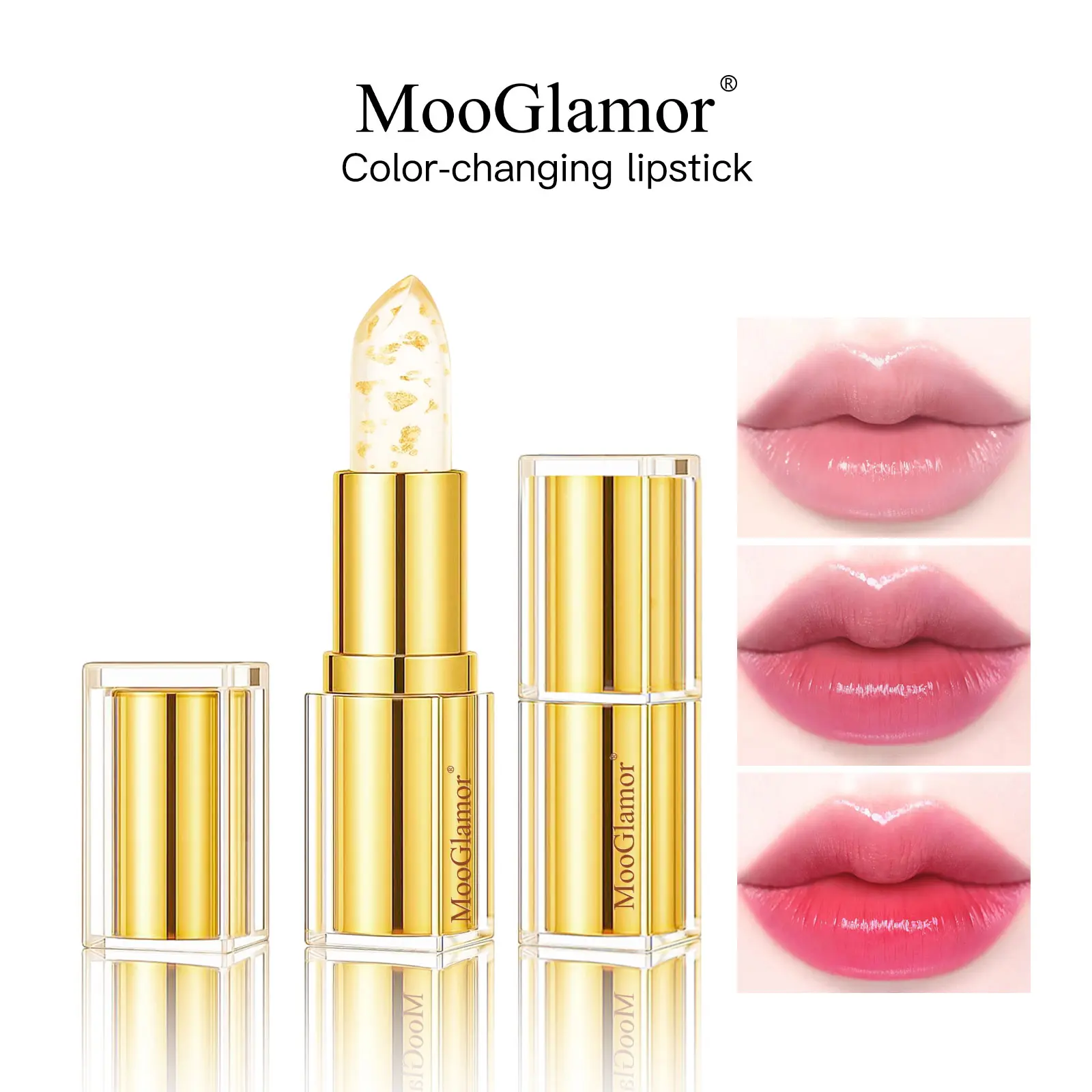 MooGlamor luxury Gold Foil Color Changing Lipstick Long Lasting Makeup Showcasing Charm Crystal Lip Glossy Waterproof Smooth Easy To Apply Natural Makeup Cosmetic