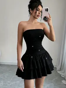 Women's Summer Shiny Fabric Elegant Short Dress, Ruffle Halter Sleeveless Bodycon Mini Skirt, Suitable for Daily Wear, Dates, Stage, Party