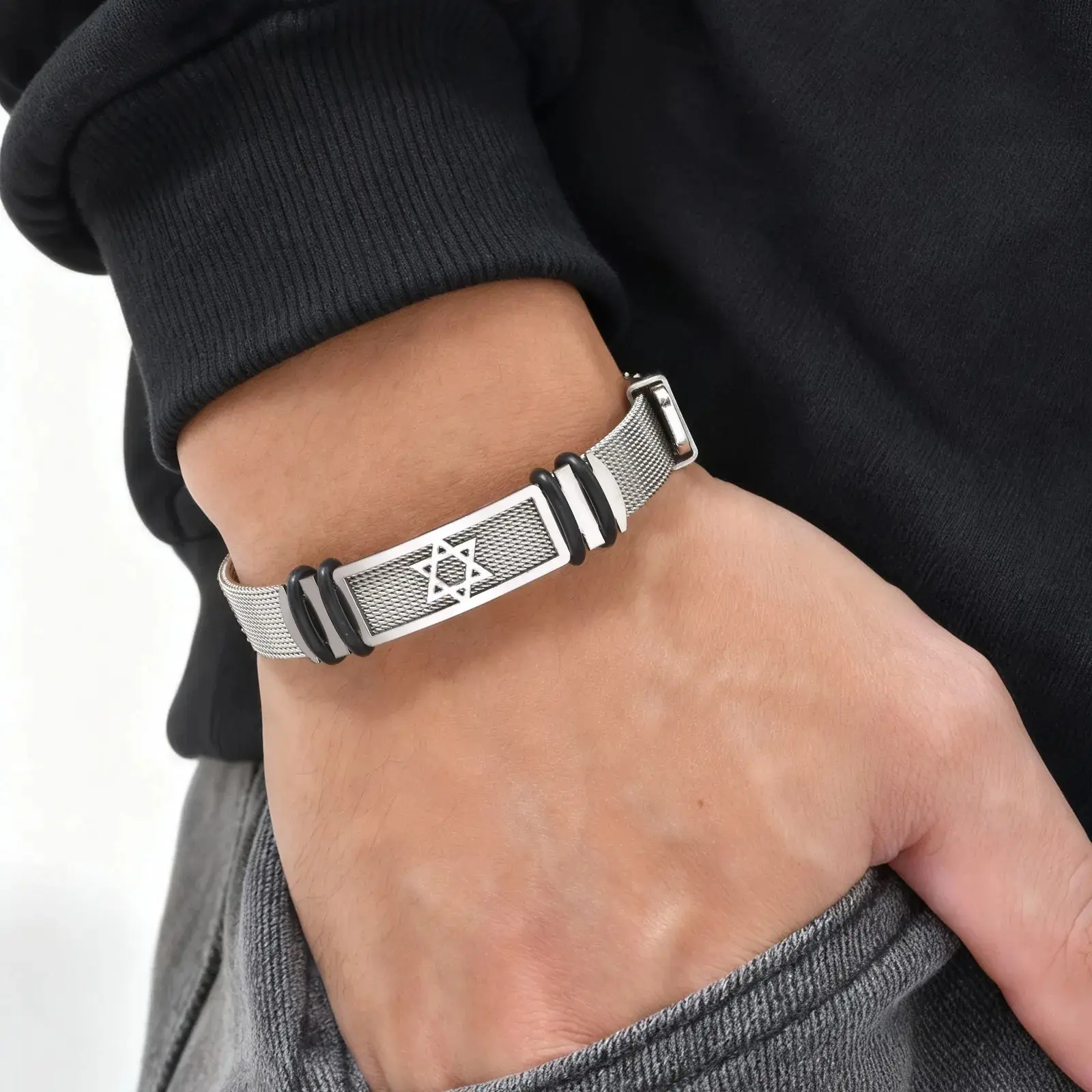 Vnox Men's Stainless Steel Hexagram Star Motif Bracelet - Adjustable Fit Mesh Watch Strap Bangle Wristband, Fashion Jewelry Gift