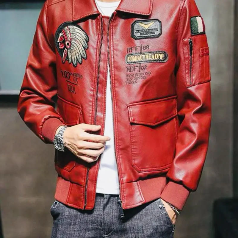 Men's Autumn Winter PU Leather Jacket with Lapel Embroidered Motorcycle Casual Wear Pilot Jacket Windproof Waterproof Cold Resistant Clothes Faux Menswear Coats Long Sleeve Zipper Tops
