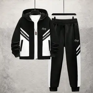 2Pcs/Set Boys And Teens Casual Sports Stylish Versatile Comfortable Plain Classic Hooded Colorblock KING Print Hoodie + Pants Set Spring Autumn Outfit 8-16 Years