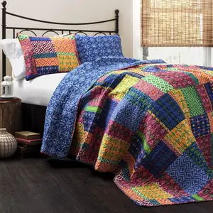 Misha Reversible Cotton Quilt King Size 3 Piece Set Fuchsia & Navy - King Bedding Set - Colorful Patchwork Quilt - Boho Bedroom Decor