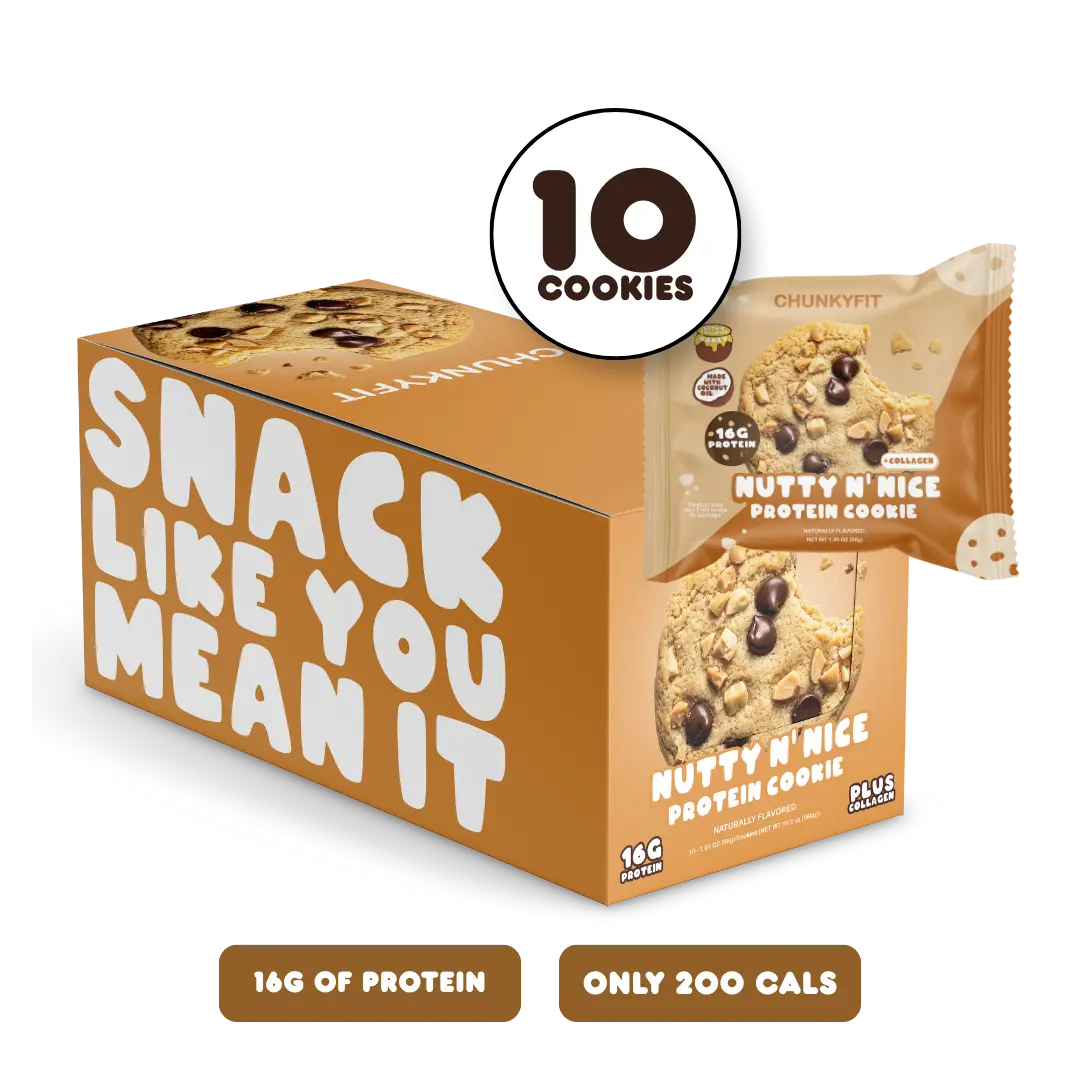 ChunkyFit Nutty n' Nice Protein Cookies | Peanut Butter Chocolate Chip Flavor | 16g Casein Protein + Collagen | Soft Baked, Never Dry | Sweetened with Real Honey | No Artificial Sweeteners or Flavors | Individually Wrapped | 10 Pack
