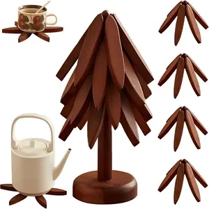 2026 Natural Tree Trivet Set - Christmas Tree Design, this heat-resistant set includes 4 walnut-wood trivets and 1 stand, stored like a Christmas tree. A foldable kitchen decor art, Decoration, perfect for pots, bowls, coffee mugs