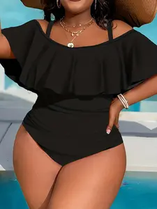Women's Plus Size Fashion Elegant Ruffle One-Piece Backless Ruched Swimsuit, Adjustable Straps, Slimming Fit, Casual Style
