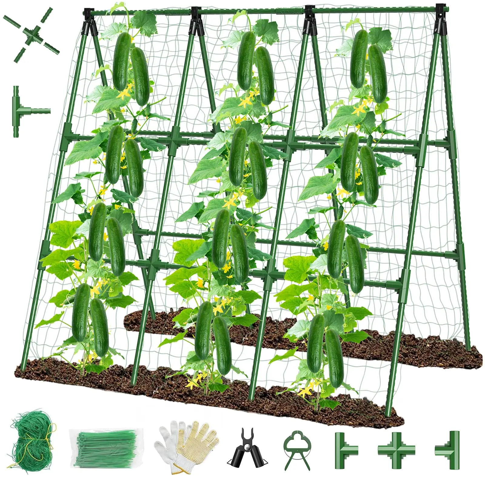 2/4 Pack Metal+PE Cucumber Trellis, Sturdy Adjustable Width Anti-Slip Vertical Garden Support with Netting for Raised Garden Beds, Outdoor Accessory for Climbing Tomatoes, Peas