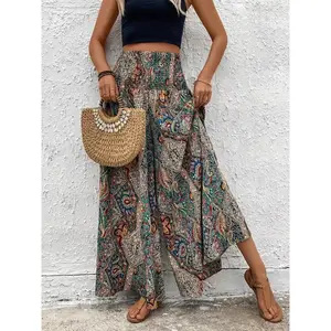 Plus size women's fully printed wide leg pants, Bohemian style ethnic pattern, fitted high waist straight leg, shirt design, BohemianRAIMENTRY